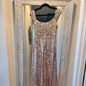 Off Shoulder Draped Side Split Hem Sequin Party Dress In Rose Gold Sequins